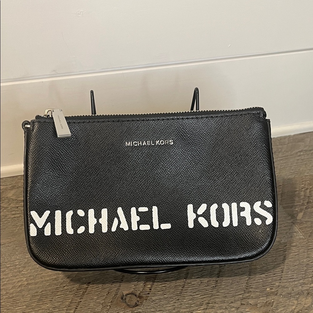 Michael Kors "Saylor" Pouchette Wristlet Black Saffiano Leather White Spellout